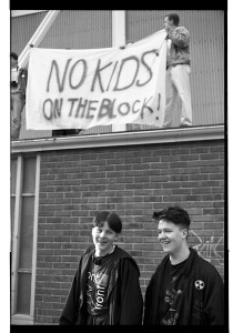 Jonas and Måns making a stand outside Globen, April 26, 1991.
